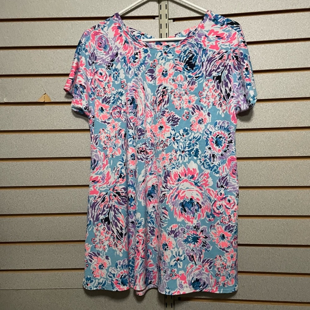 Boutique Blue Pink Purple White Floral  Flowy Short Sleeve Spring  Shirt Large‎